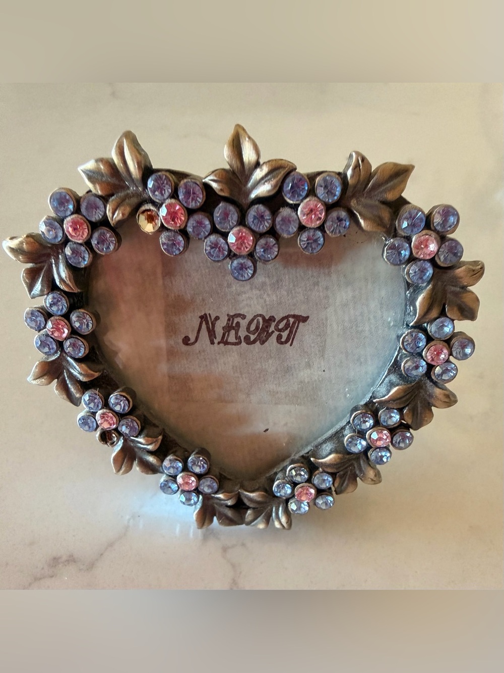 Vintage Mini Heart Rhinestone Photo Frame - Bronze Metal Floral Pastel Bling